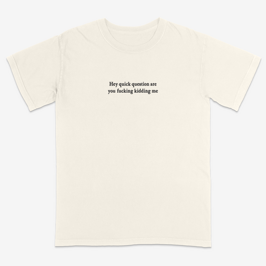 Ivory t-shirt with 'Hey quick question are you fucking kidding me' text on a white background