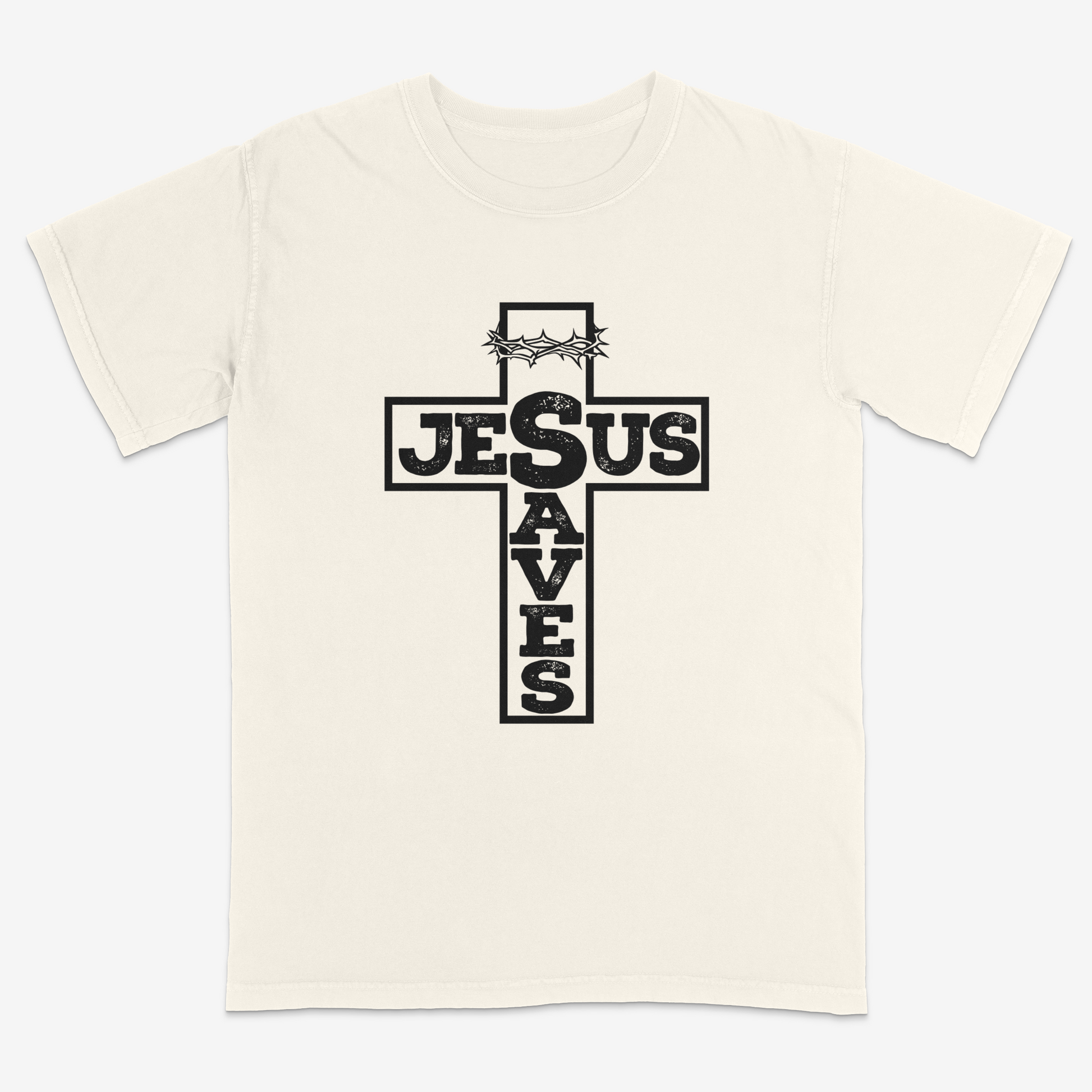 Ivory faith-based graphic tee featuring a bold cross design with “Jesus Saves” typography and crown of thorns detail, combining vintage-inspired Christian artwork with a powerful message of salvation.