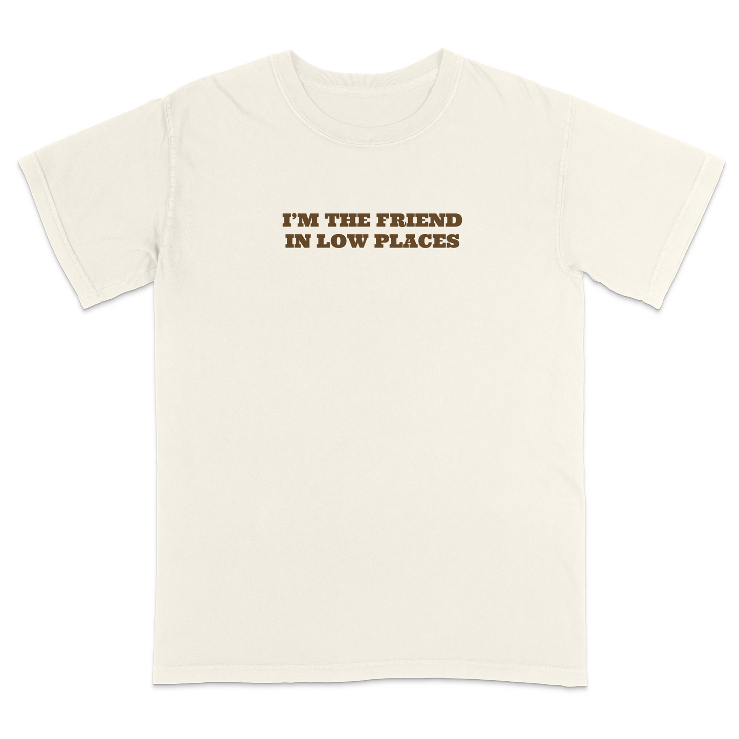 Front view of an ivory graphic T-shirt featuring the phrase "I'M THE FRIEND IN LOW PLACES" in bold vintage-style brown lettering centered across the chest. This western-inspired graphic tee has a clean minimalist design with a country music vibe, making it perfect for concerts, tailgates, casual outings, and everyday wear.