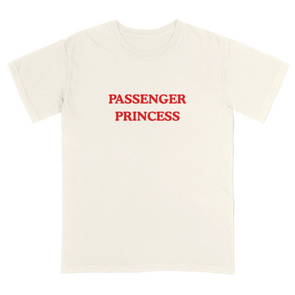 Ivory t-shirt with 'Passenger Princess' text in red on a light gray background