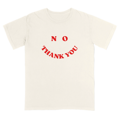Ivory t-shirt with red text 'NO THANK YOU' on a light gray background