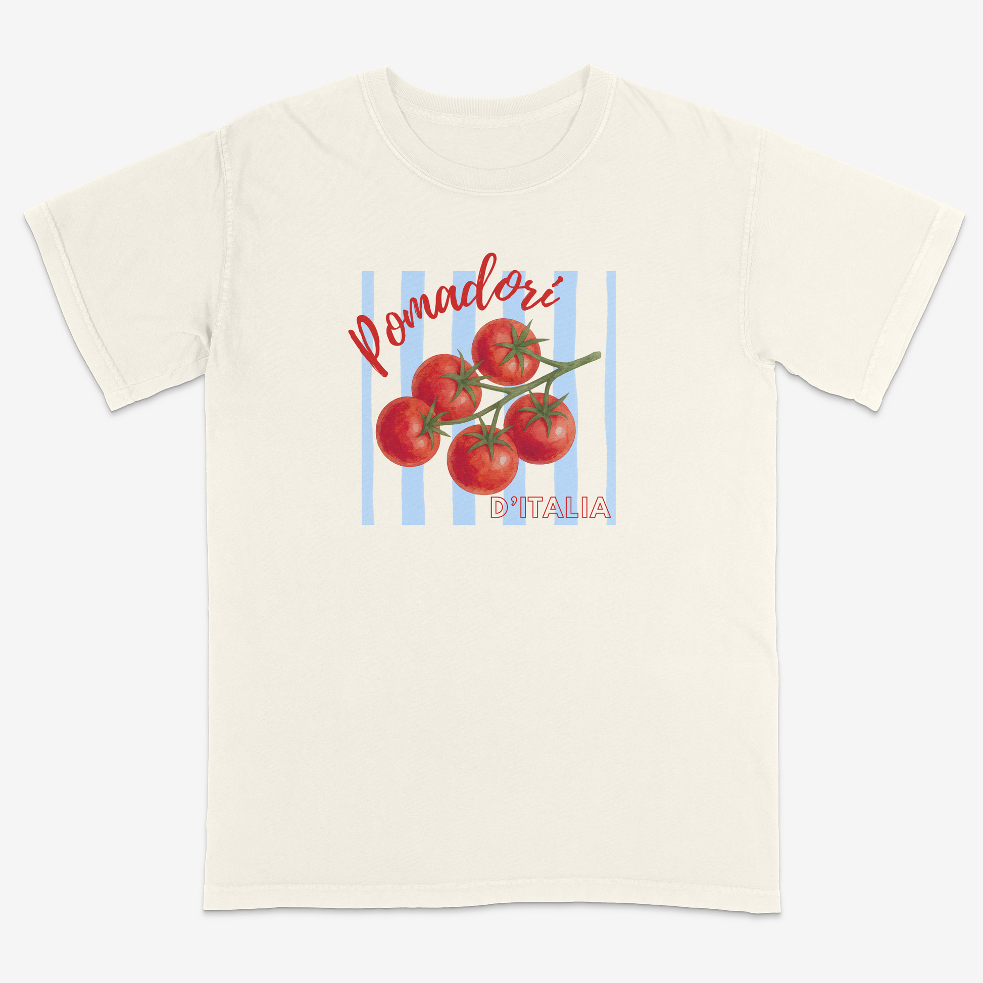 Vintage-inspired Italian heritage graphic ivory tee featuring “Pomodori D’Italia” with vine-ripened tomatoes and retro striped artwork, blending classic Italian market aesthetics with bold everyday streetwear style.