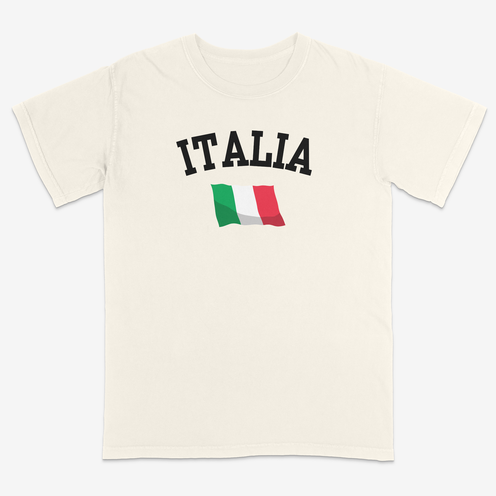 Ivory Italian heritage graphic tee featuring bold “ITALIA” varsity-style lettering with an Italian flag graphic, delivering a clean and timeless design for proud Italian pride and everyday casual wear.