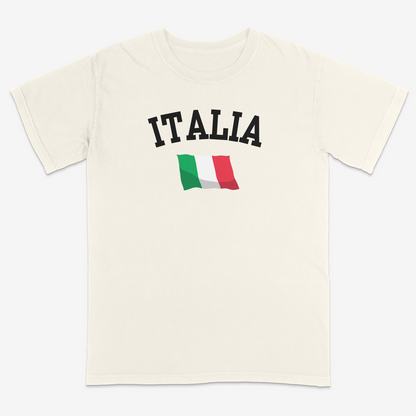 Ivory Italian heritage graphic tee featuring bold “ITALIA” varsity-style lettering with an Italian flag graphic, delivering a clean and timeless design for proud Italian pride and everyday casual wear.