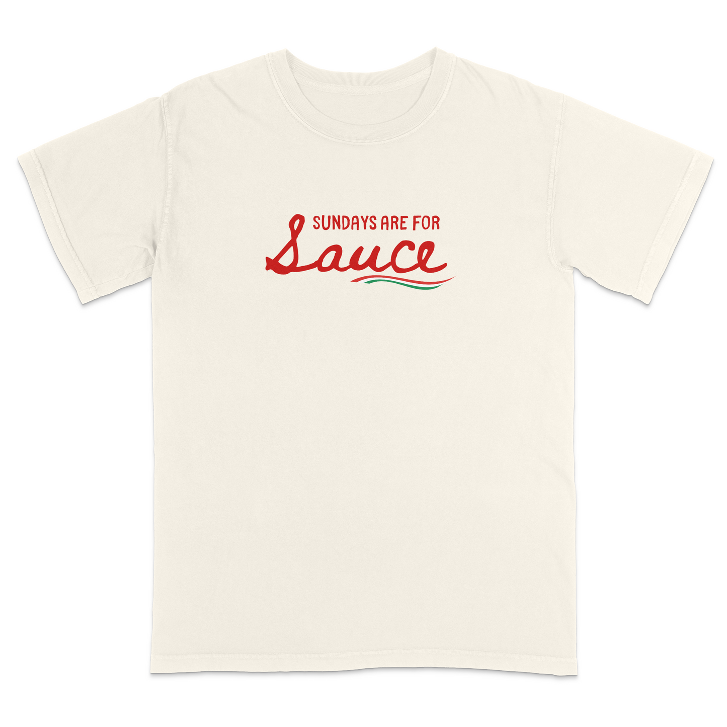 Ivory Italian heritage t-shirt featuring the phrase “Sundays Are For Sauce” in bold red script with an Italian flag accent underneath. Funny Italian-American apparel celebrating traditional Sunday dinners, homemade pasta sauce, family gatherings, and Italian culture. Perfect for food lovers, family events, Italian festivals, holiday meals, and anyone proud of their Italian roots and Sunday traditions.