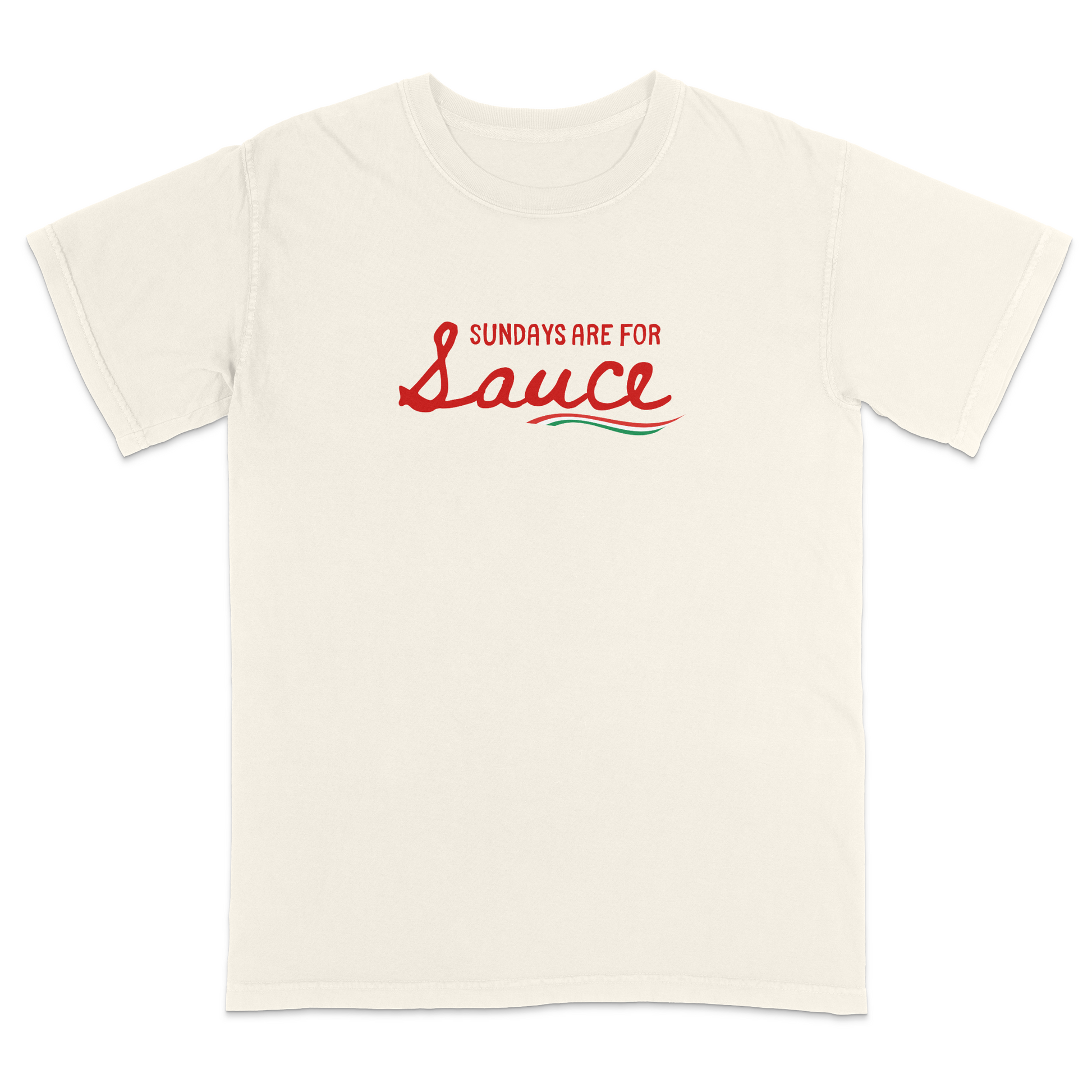 Ivory Italian heritage t-shirt featuring the phrase “Sundays Are For Sauce” in bold red script with an Italian flag accent underneath. Funny Italian-American apparel celebrating traditional Sunday dinners, homemade pasta sauce, family gatherings, and Italian culture. Perfect for food lovers, family events, Italian festivals, holiday meals, and anyone proud of their Italian roots and Sunday traditions.