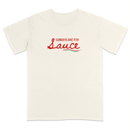 Ivory Italian heritage t-shirt featuring the phrase “Sundays Are For Sauce” in bold red script with an Italian flag accent underneath. Funny Italian-American apparel celebrating traditional Sunday dinners, homemade pasta sauce, family gatherings, and Italian culture. Perfect for food lovers, family events, Italian festivals, holiday meals, and anyone proud of their Italian roots and Sunday traditions.