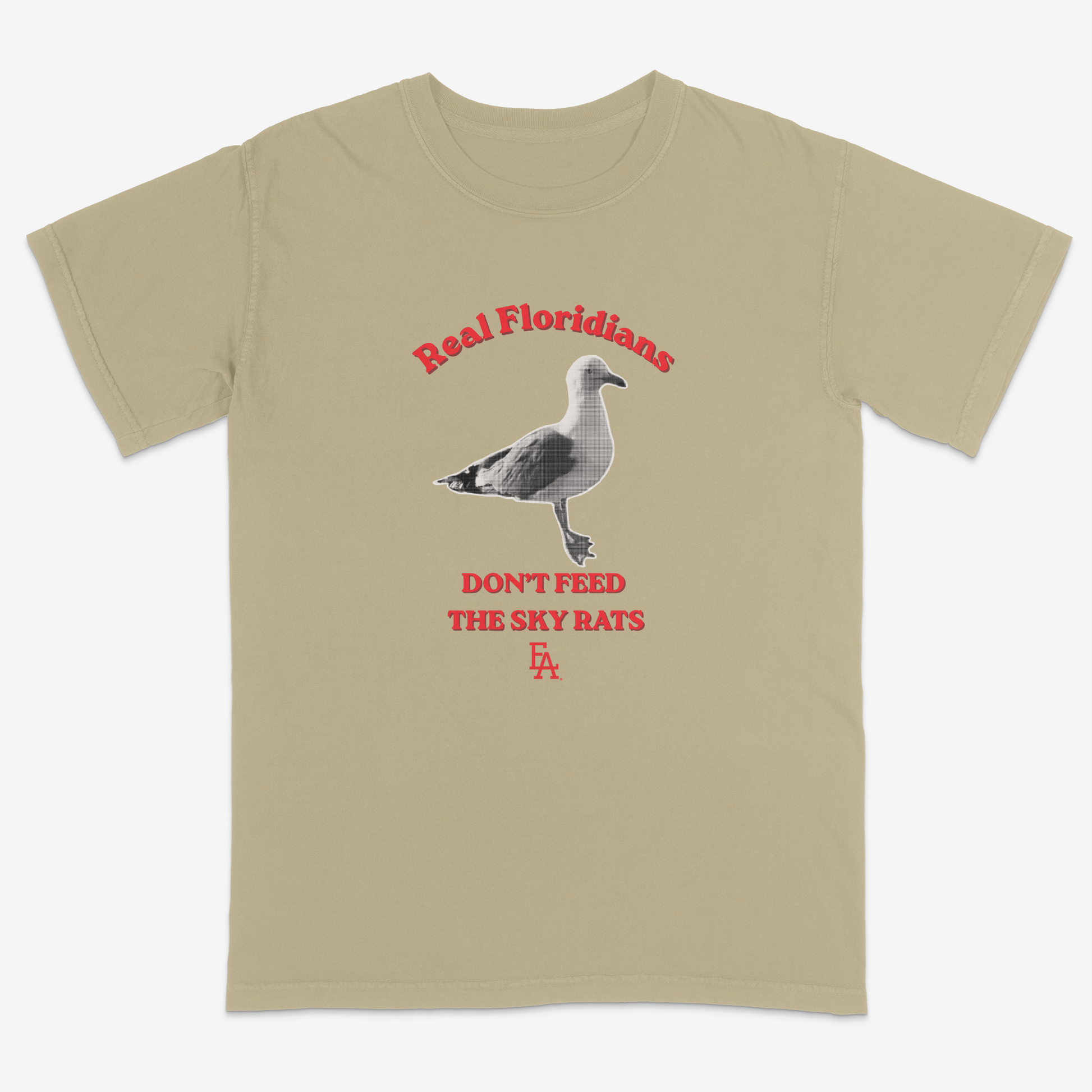 Khaki t-shirt with a seagull graphic and text on a white background