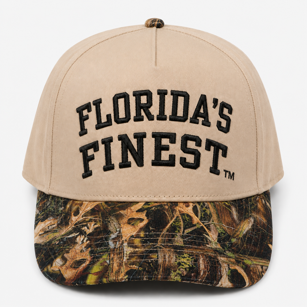 Florida’s Finest embroidered camo snapback hat featuring bold black lettering, khaki crown, realistic woodland camouflage curved brim, structured fit, and outdoor-inspired Florida lifestyle design.