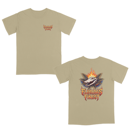Khaki graphic t-shirt shown from front and back with fiery “Florida’s Finest” lettering and a flaming alligator graphic with palm leaves.