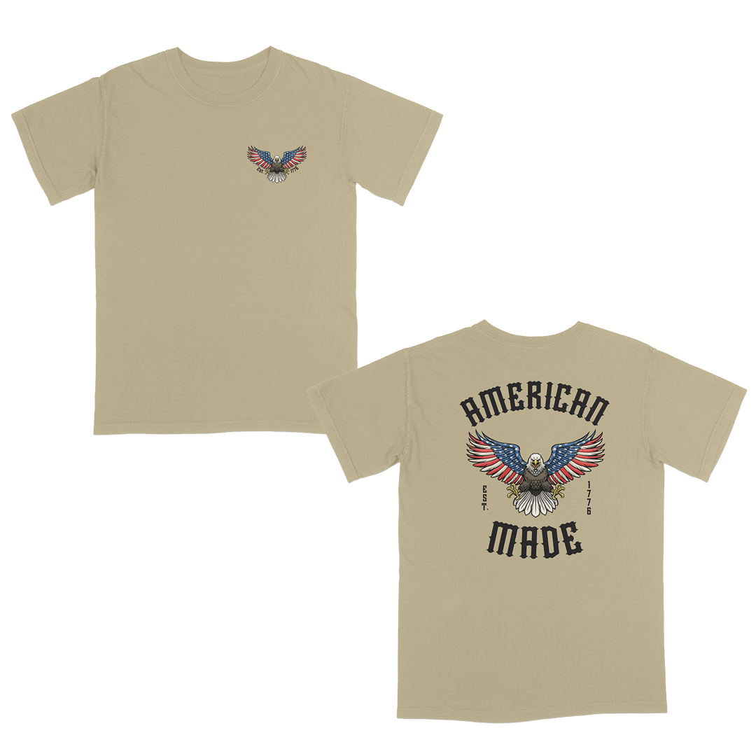 Khaki t-shirt with eagle design and 'American Made' text on a white background