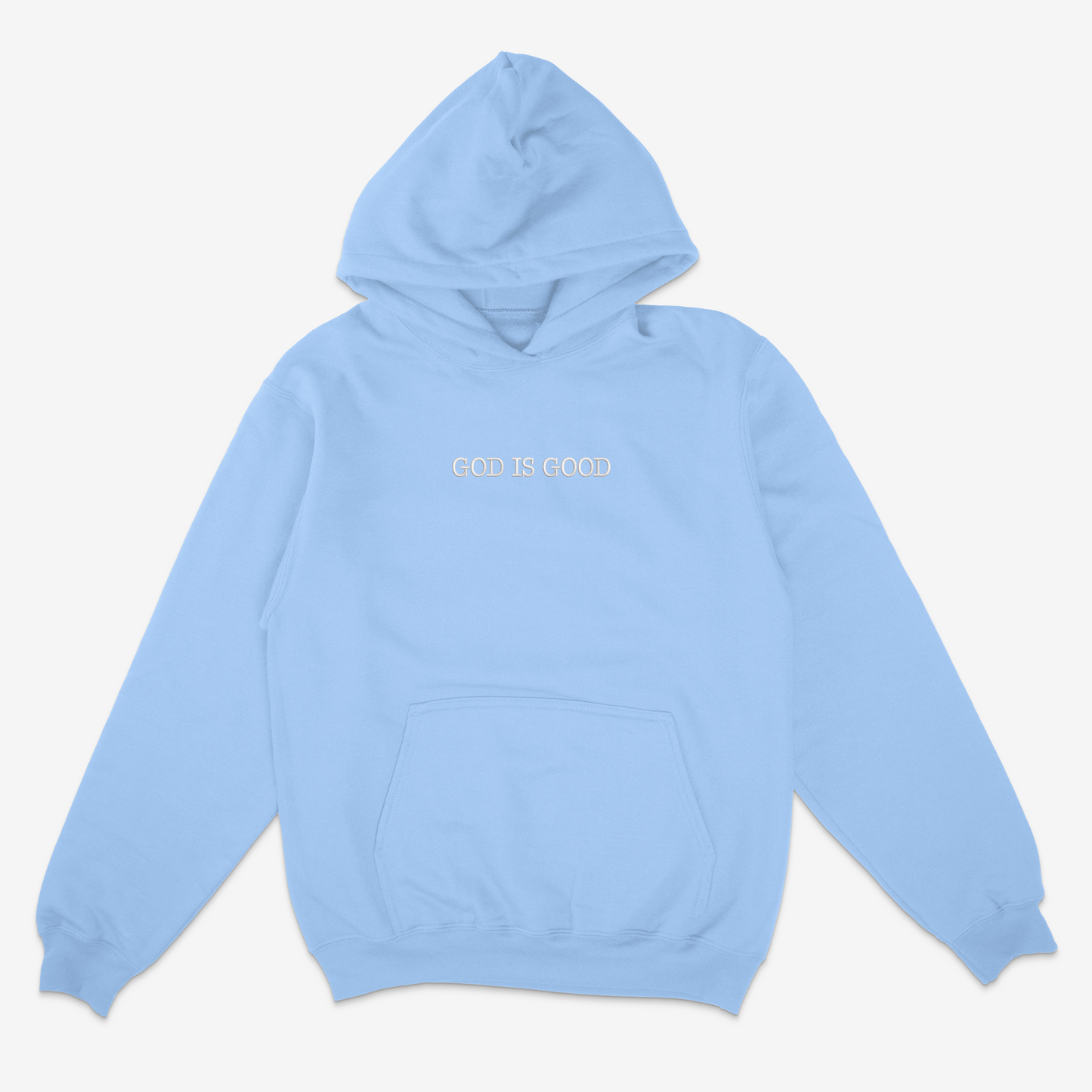 Light blue hoodie with 'GOD IS GOOD' text on a white background