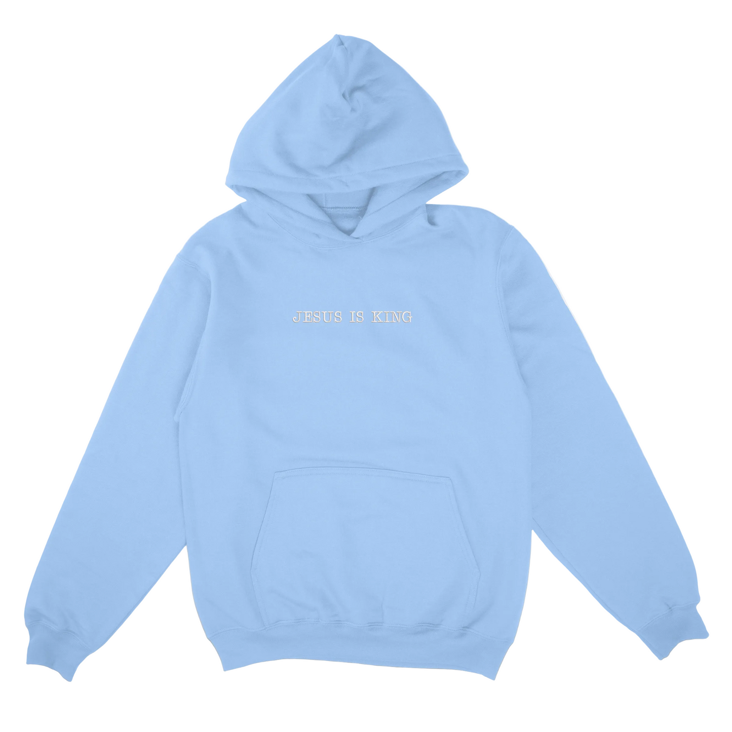 Light blue hoodie with 'Jesus is King' text on a white background