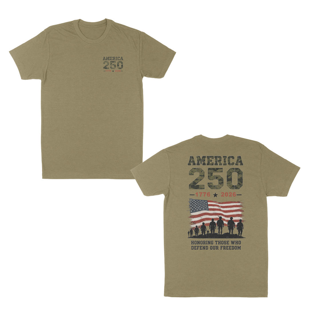 Light Olive patriotic America 250 t-shirt featuring a small front chest graphic and large back design with distressed American flag, military silhouettes, “1776–2026” anniversary artwork, and “Honoring Those Who Defend Our Freedom” tribute message.