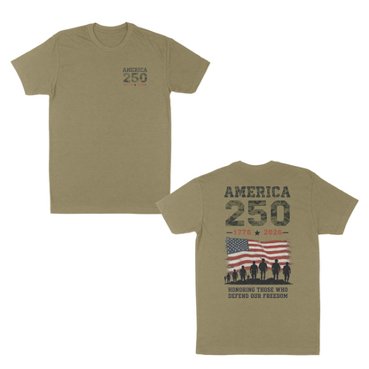 Light Olive patriotic America 250 t-shirt featuring a small front chest graphic and large back design with distressed American flag, military silhouettes, “1776–2026” anniversary artwork, and “Honoring Those Who Defend Our Freedom” tribute message.