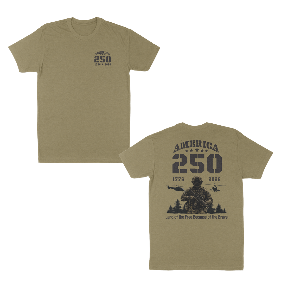 Light olive patriotic military t-shirt featuring a small “America 250” chest print and oversized back graphic with armed soldier, helicopters, “1776–2026” anniversary text, and “Land of the Free Because of the Brave” design.