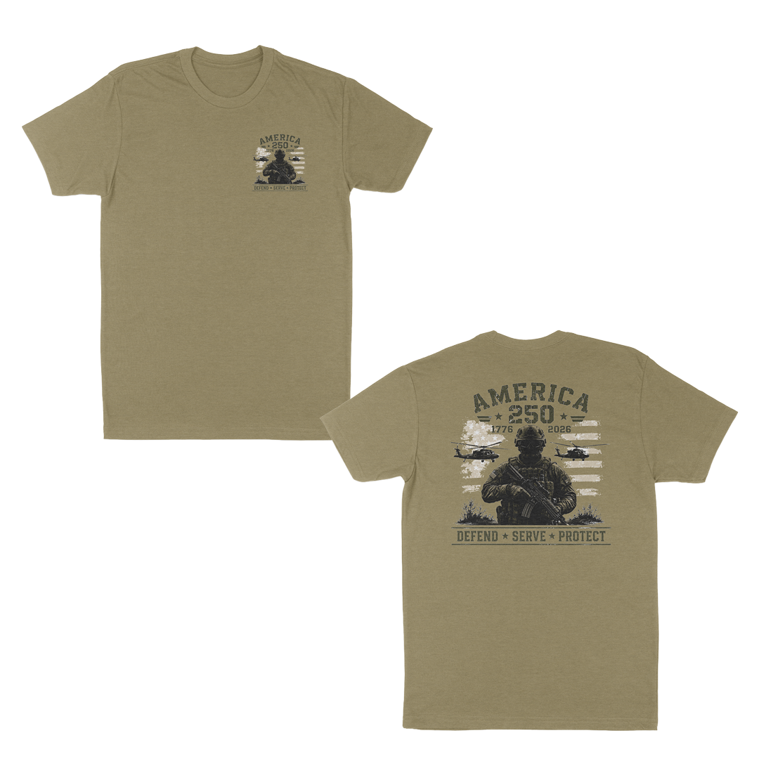 Light olive patriotic military t-shirt featuring a small front chest graphic and large back print with armed soldier, helicopters, distressed American flag, “America 250” artwork, and “Defend • Serve • Protect” text.