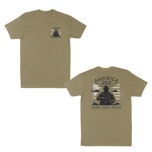 Light olive patriotic military t-shirt featuring a small front chest graphic and large back print with armed soldier, helicopters, distressed American flag, “America 250” artwork, and “Defend • Serve • Protect” text.
