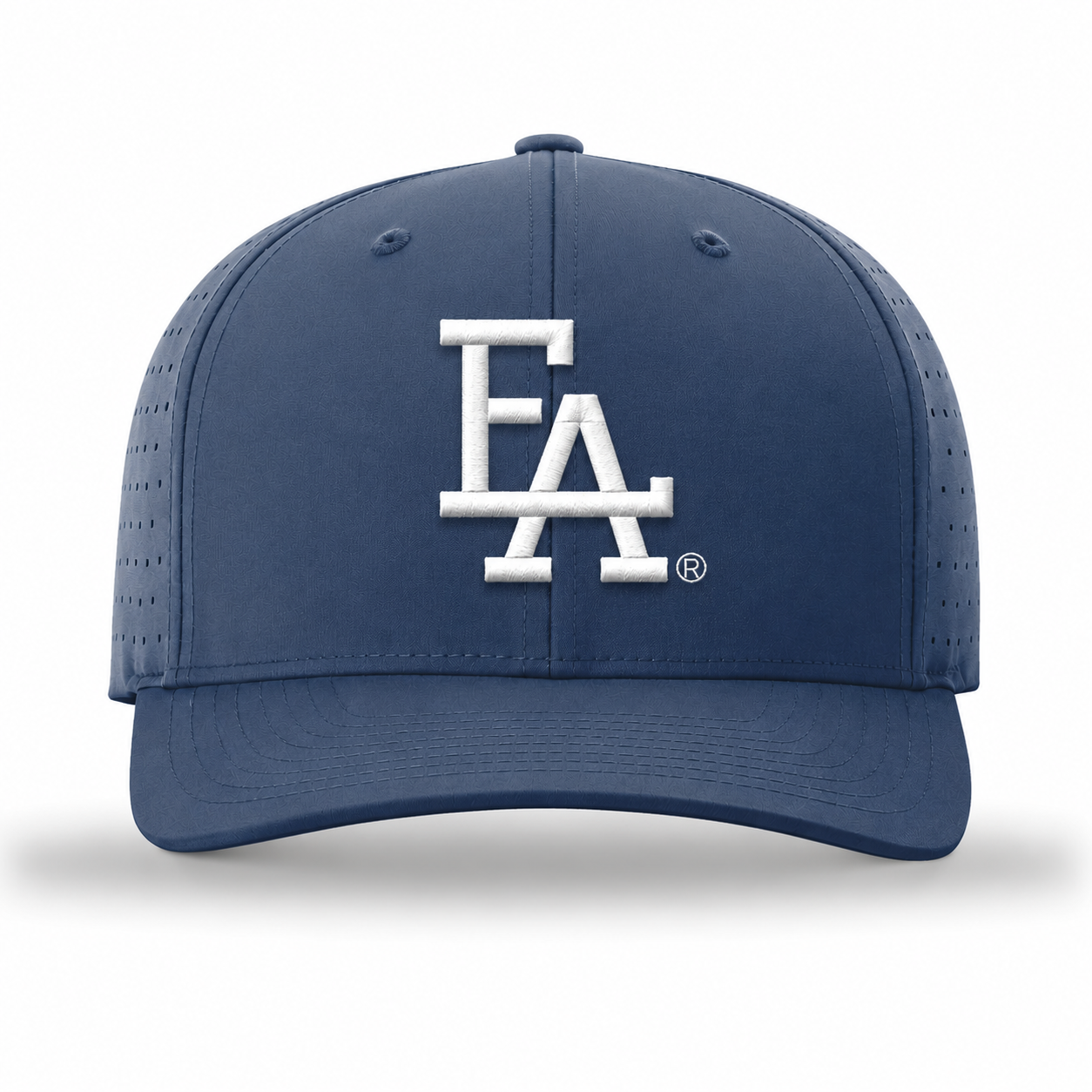 Medium blue performance baseball cap featuring a white embroidered “FLA” logo on the front, perforated side panels for breathability, and a structured crown with a curved brim.