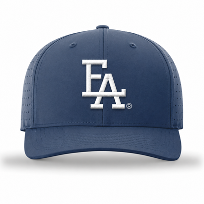 Medium blue performance baseball cap featuring a white embroidered “FLA” logo on the front, perforated side panels for breathability, and a structured crown with a curved brim.