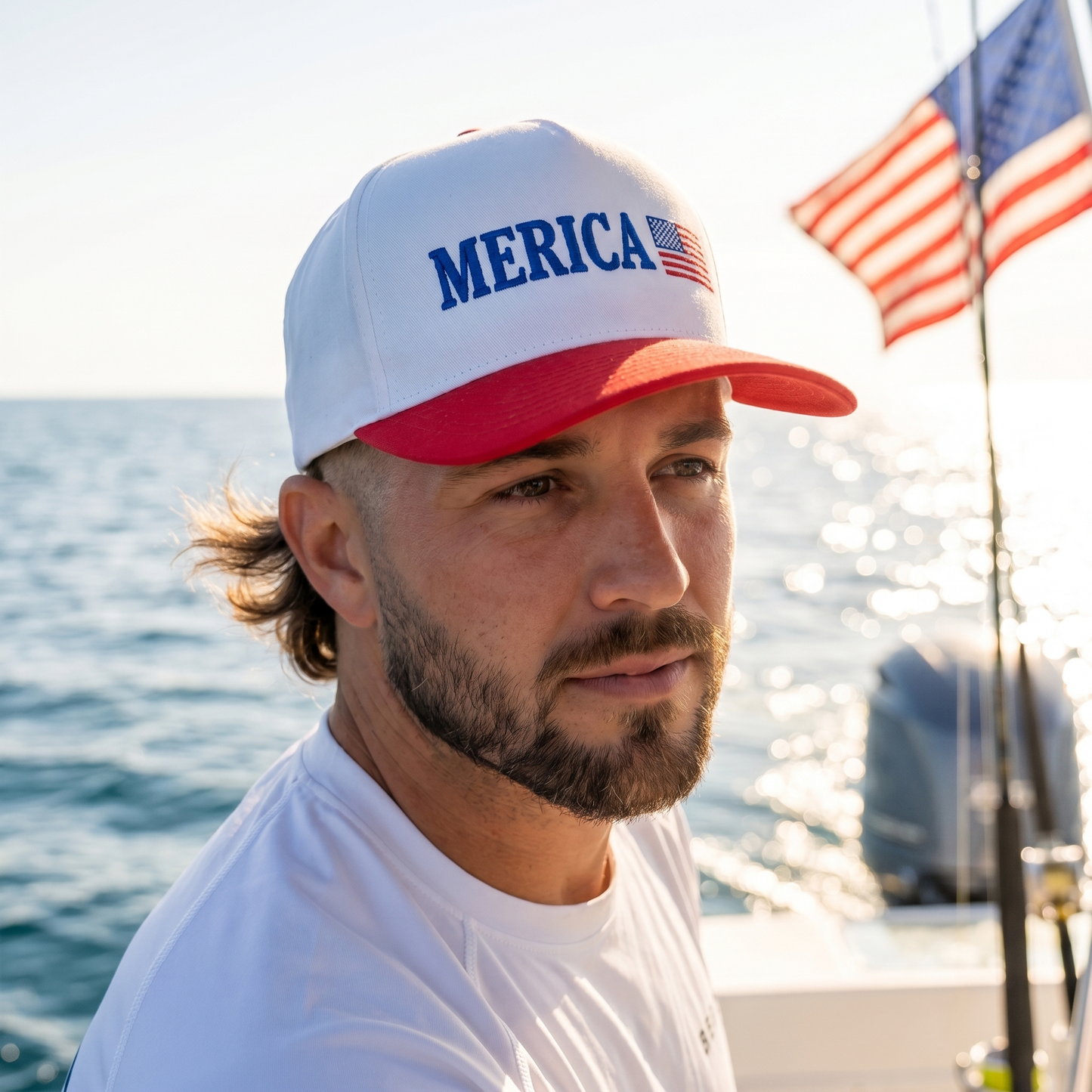 Close-up of a man on a boat wearing a white and red patriotic trucker hat embroidered with “Merica” and a small American flag. Open water and a waving U.S. flag in the background create a coastal boating scene that highlights patriotic headwear, American pride, freedom, summer fishing, offshore adventure, and USA-inspired style.