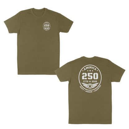 Military Green patriotic America 250 anniversary t-shirt featuring a small front chest badge and large back emblem with “1776–2026” commemorative design, aviation-inspired wing graphic, and “Duty • Honor • Country” military tribute text.