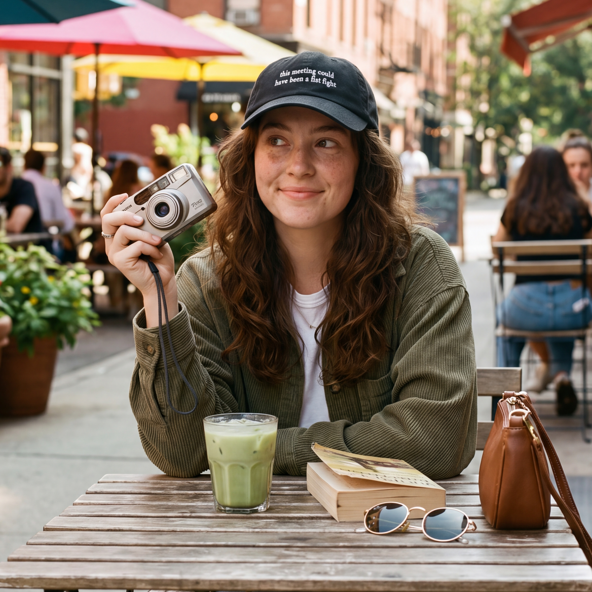 Woman wearing a black embroidered hat reading “this meeting could have been a fist fight,” holding a camera while sitting at an outdoor café table.