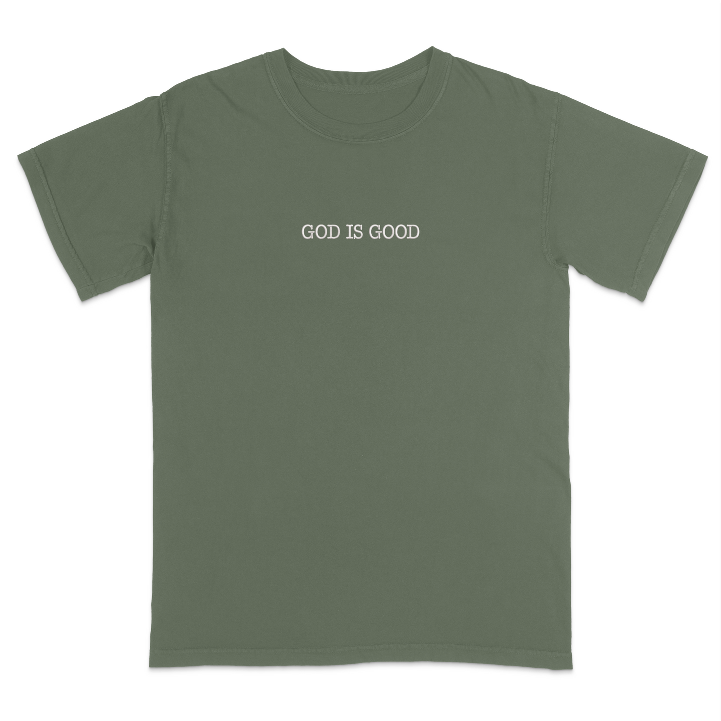 Moss green t-shirt with 'GOD IS GOOD' text on a white background