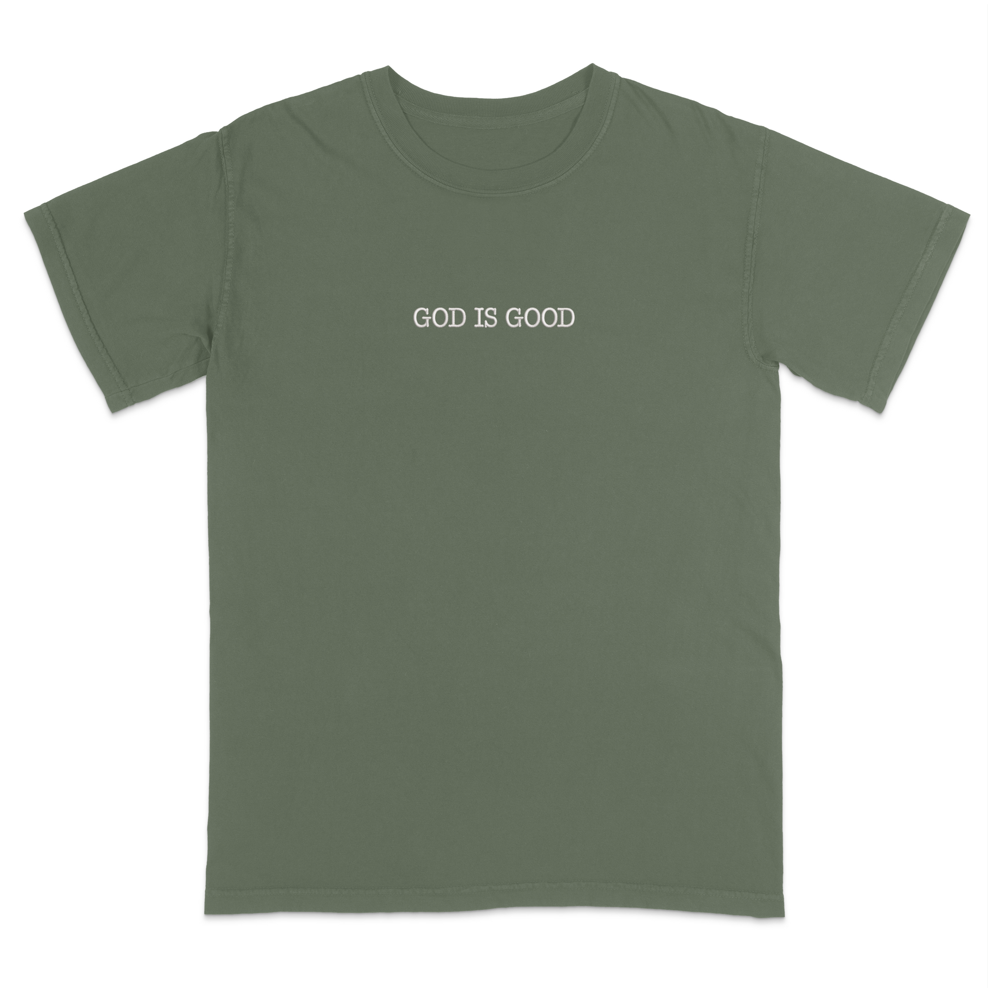 Moss green t-shirt with 'GOD IS GOOD' text on a white background