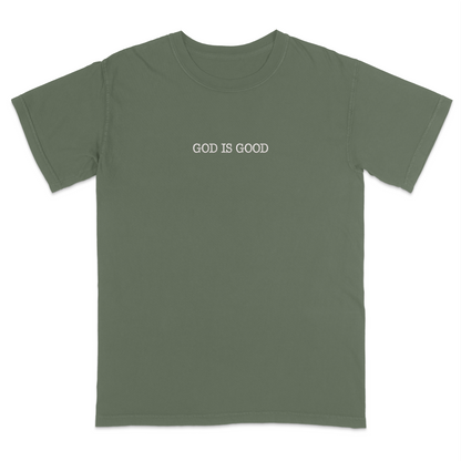 Moss green t-shirt with 'GOD IS GOOD' text on a white background
