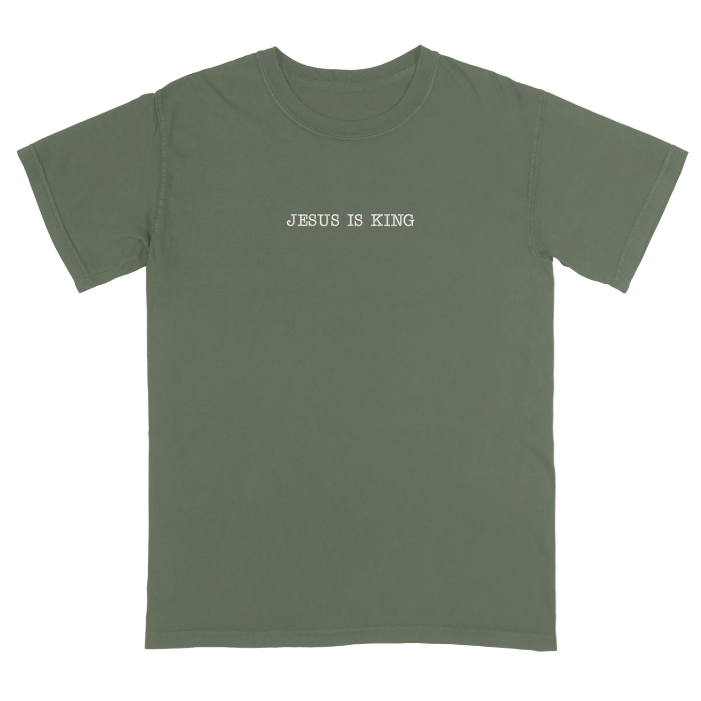 Moss green t-shirt with 'Jesus Is King' text on a white background