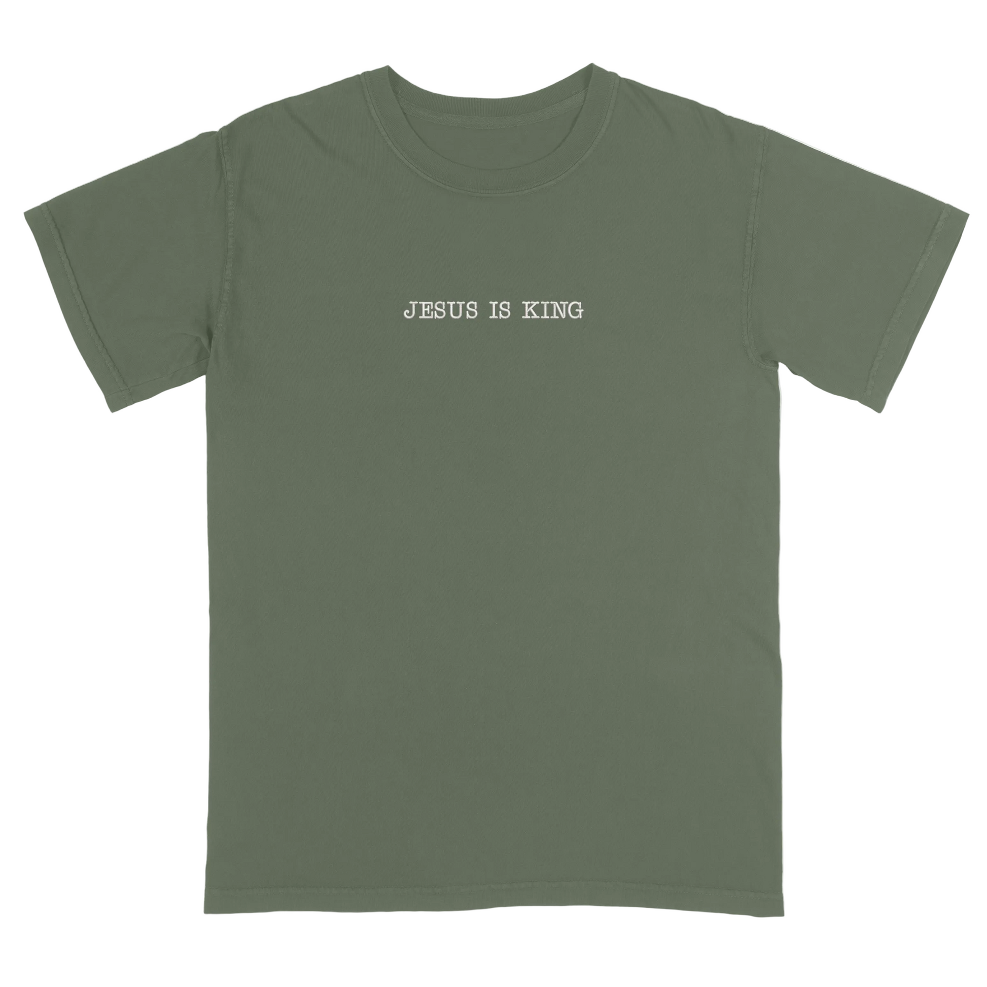 Moss green t-shirt with 'Jesus Is King' text on a white background