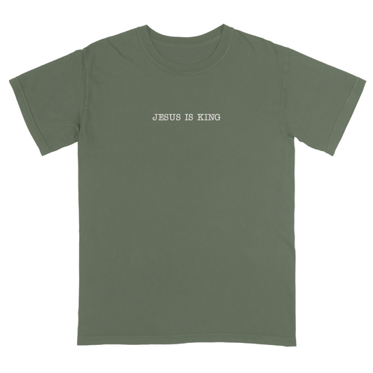 Moss green t-shirt with 'Jesus Is King' text on a white background