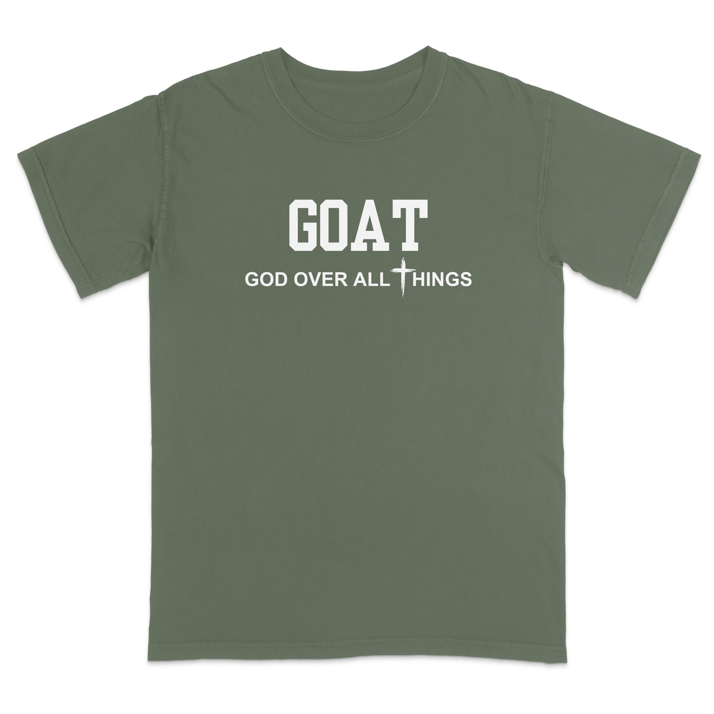 Moss faith-based Christian t-shirt featuring the bold word “GOAT” across the chest with the phrase “God Over All Things” underneath and a white cross graphic. Inspirational religious apparel designed for believers, church events, youth groups, Christian streetwear, Bible study gatherings, and everyday faith-centered fashion.