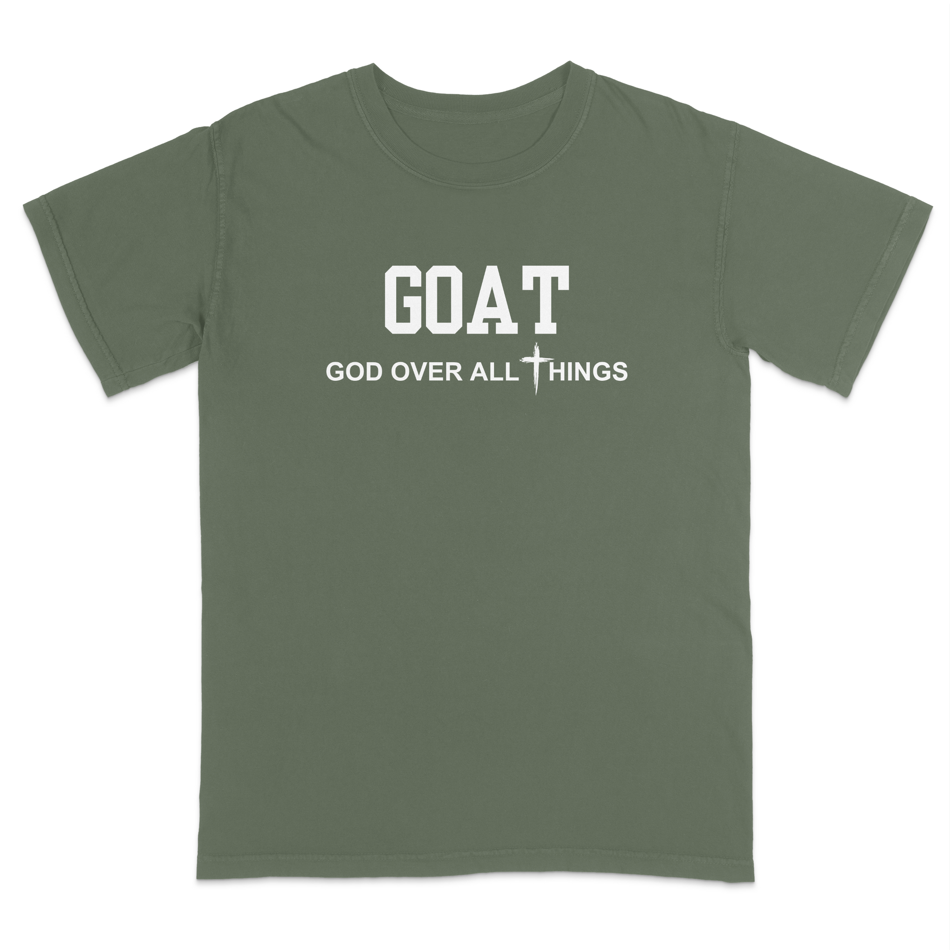 Moss faith-based Christian t-shirt featuring the bold word “GOAT” across the chest with the phrase “God Over All Things” underneath and a white cross graphic. Inspirational religious apparel designed for believers, church events, youth groups, Christian streetwear, Bible study gatherings, and everyday faith-centered fashion.