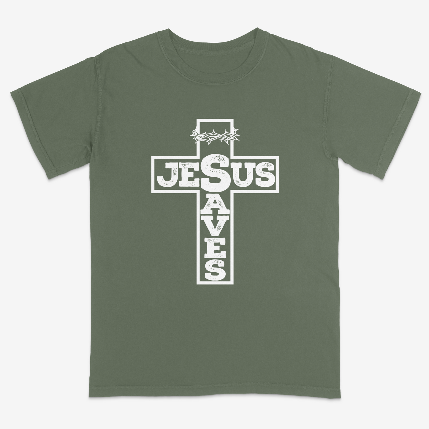 Moss faith-based graphic tee featuring a bold cross design with “Jesus Saves” typography and crown of thorns detail, combining vintage-inspired Christian artwork with a powerful message of salvation.