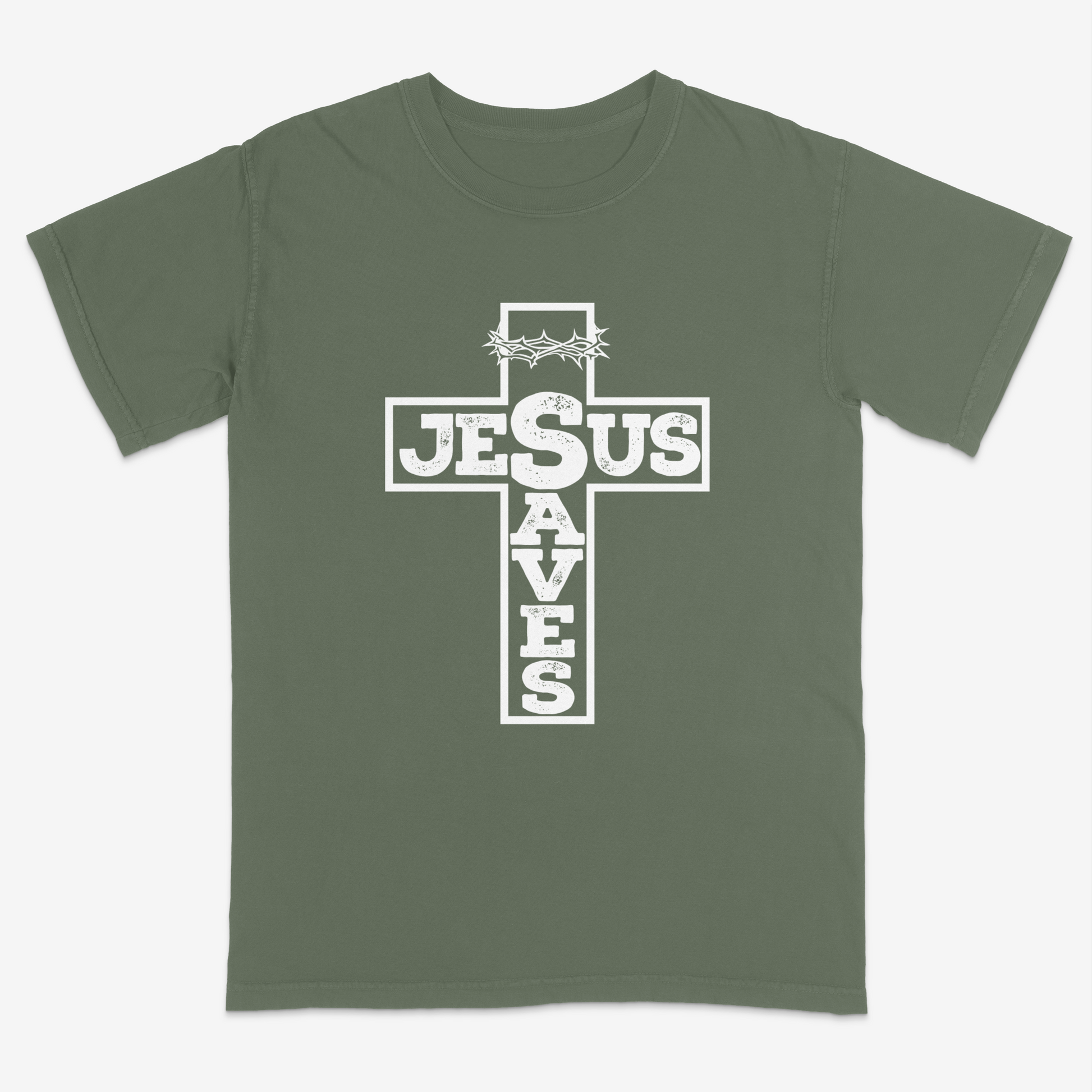 Moss faith-based graphic tee featuring a bold cross design with “Jesus Saves” typography and crown of thorns detail, combining vintage-inspired Christian artwork with a powerful message of salvation.