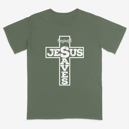Moss faith-based graphic tee featuring a bold cross design with “Jesus Saves” typography and crown of thorns detail, combining vintage-inspired Christian artwork with a powerful message of salvation.