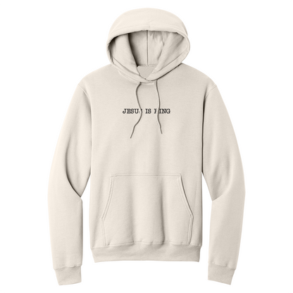 Natural hoodie with 'Jesus is King' text on a white background