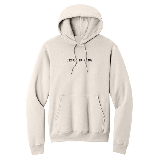 Natural hoodie with 'Jesus is King' text on a white background