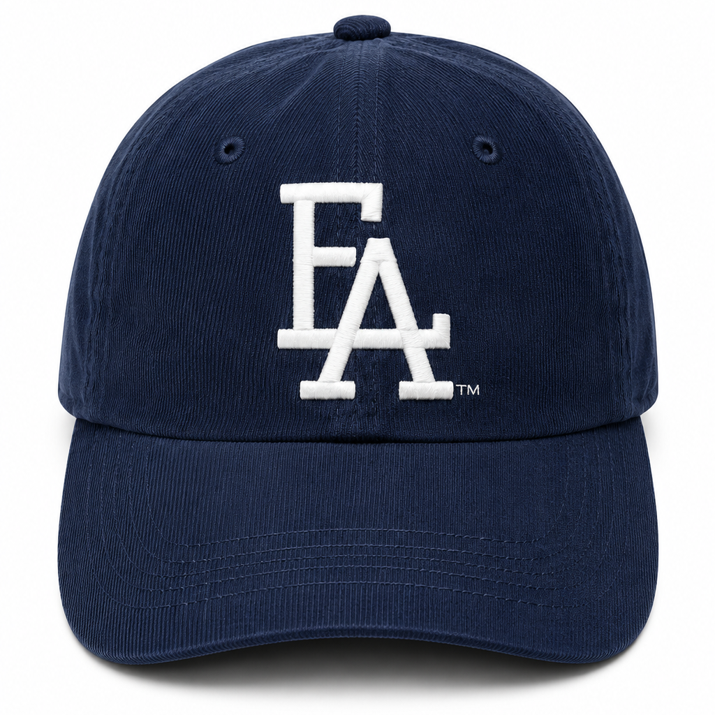 Navy corduroy baseball cap featuring a white embroidered “FLA” logo on the front, textured fabric, and a classic curved brim for a vintage-inspired streetwear look.