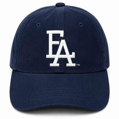 Navy corduroy baseball cap featuring a white embroidered “FLA” logo on the front, textured fabric, and a classic curved brim for a vintage-inspired streetwear look.