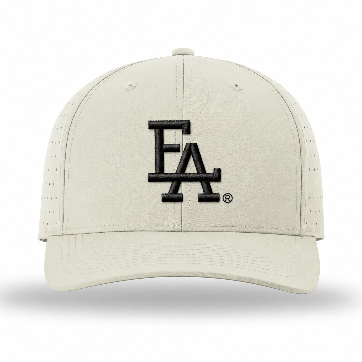 Light tan performance baseball cap featuring a white embroidered “FLA” logo on the front, perforated side panels for breathability, and a structured crown with a curved brim.