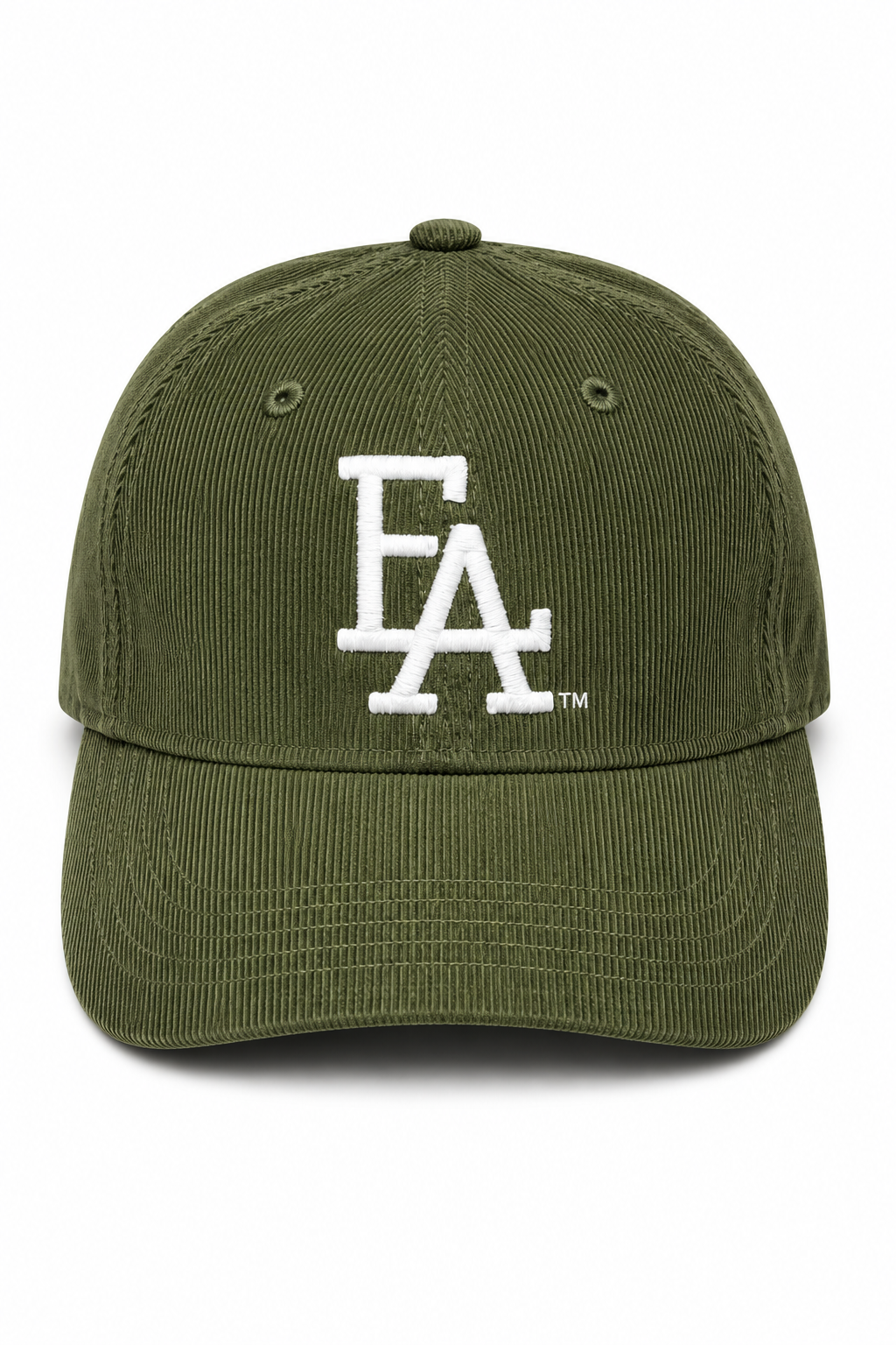 Olive corduroy baseball cap featuring a white embroidered “FLA” logo on the front, textured fabric, and a classic curved brim for a vintage-inspired streetwear look.