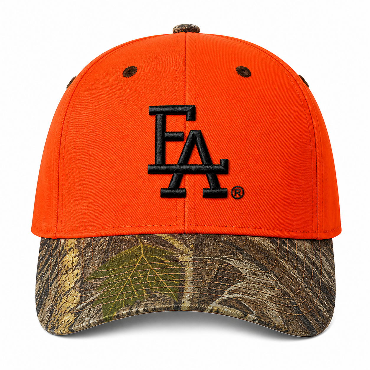 Orange Blaze and Mossy Oak camo baseball cap featuring a bold black embroidered “FLA” logo on the front, camouflage curved brim, and high-visibility hunting-inspired design.