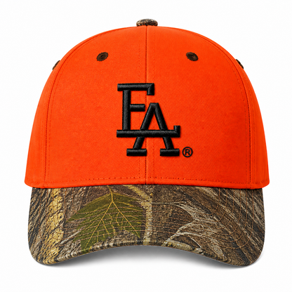 Orange Blaze and Mossy Oak camo baseball cap featuring a bold black embroidered “FLA” logo on the front, camouflage curved brim, and high-visibility hunting-inspired design.