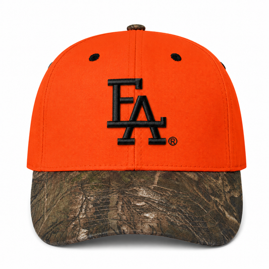 Orange Blaze and Realtree Xtra camo baseball cap featuring a bold black embroidered “FLA” logo on the front, camouflage curved brim, and high-visibility hunting-inspired design.