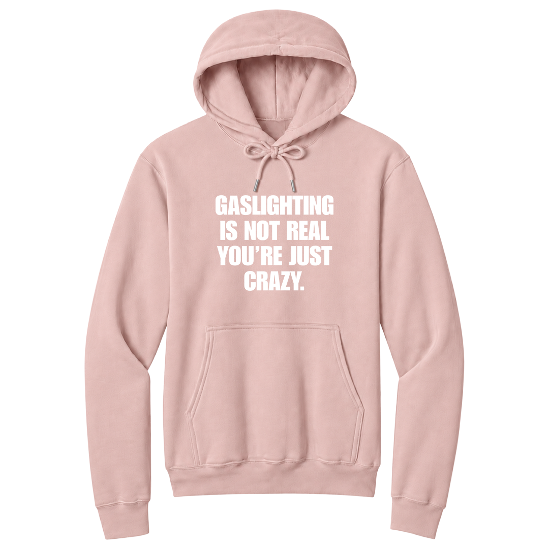Front view of a pale blush pullover hoodie featuring the phrase "GASLIGHTING IS NOT REAL YOU’RE JUST CRAZY." printed in bold white uppercase lettering centered on the chest. The hoodie includes a front kangaroo pocket and matching black drawstrings tied in a bow, with the minimalist black-and-white design creating a bold, sarcastic statement look.