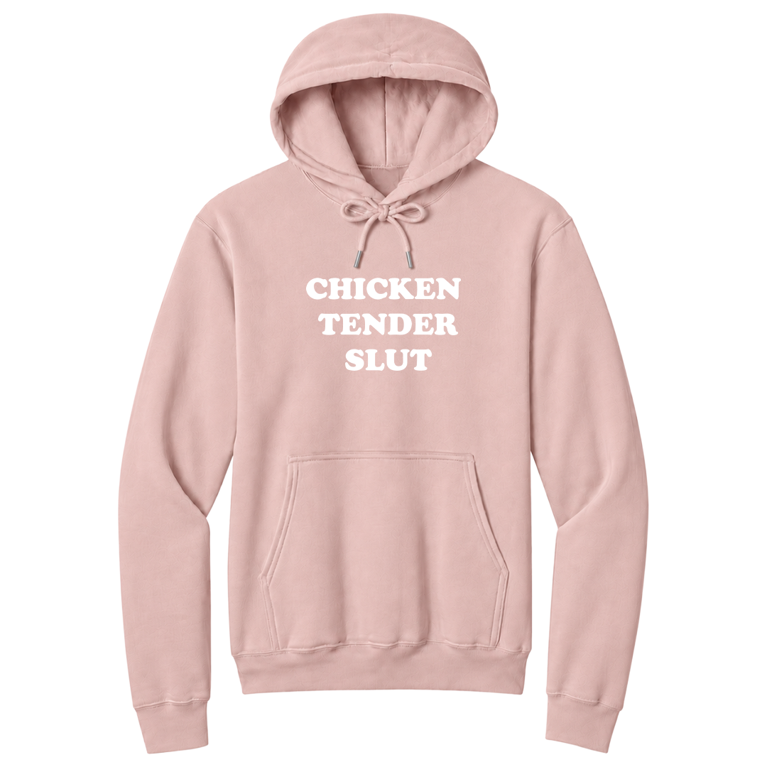 Front view of a pale blush pullover hoodie featuring the bold white stacked phrase "CHICKEN TENDER SLUT" in large retro bubble lettering centered on the chest. The minimalist design contrasts sharply against the black fabric for a clean, eye-catching look, creating a funny foodie-themed hoodie with vintage-inspired typography and a playful sarcastic aesthetic.
