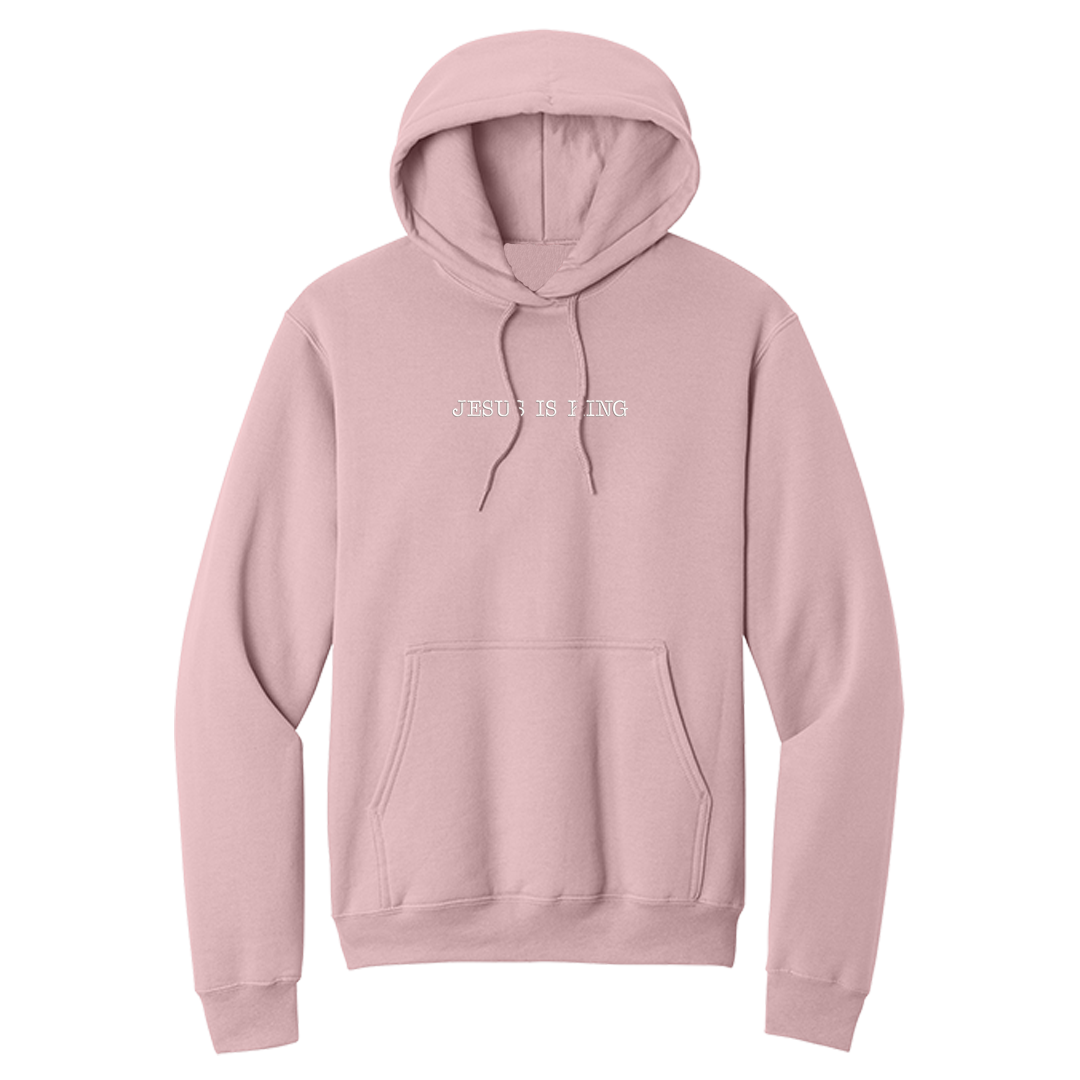 Blush pink hoodie with 'Jesus is King' text on a white background